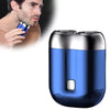 A blue cordless electric razor shaver is shown next to a man using it for grooming.