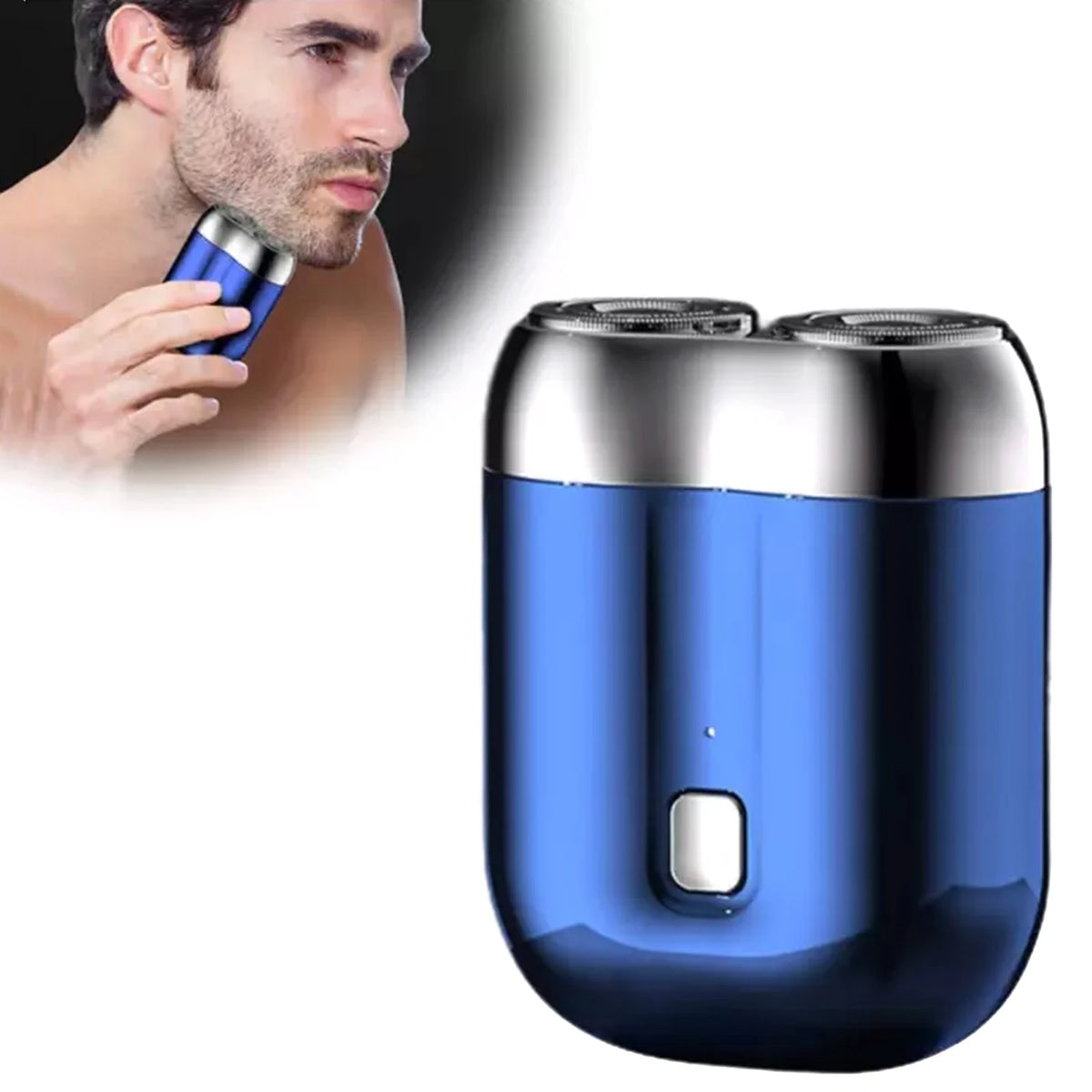 A blue cordless electric razor shaver is shown next to a man using it for grooming.