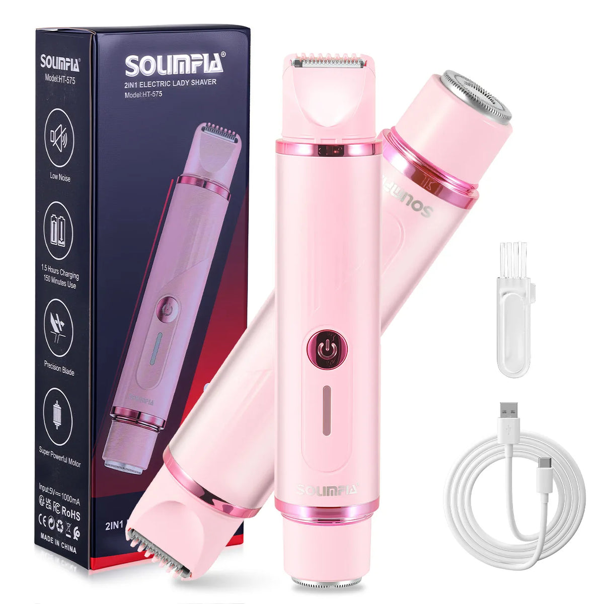 Pink Sonicla 2-in-1 Elektrofachrasierer mit Ladekabel und Bürstenkopf.