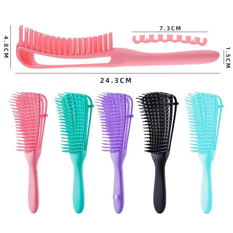 Ensemble de cinq peignes et brosses en plastique roses, sarcelle et violets pour massage du cuir chevelu et anti-emmêlement