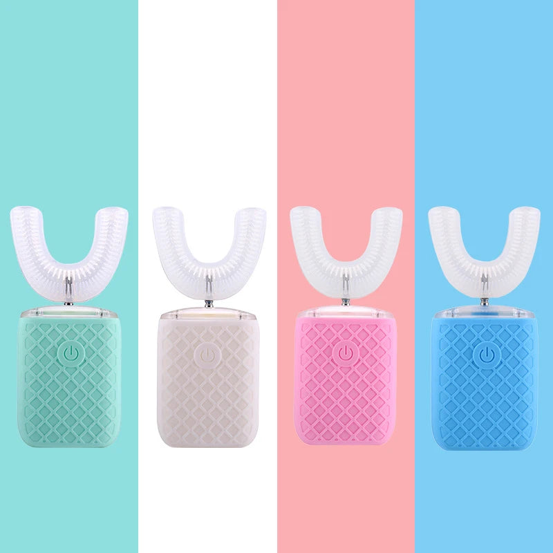 Four colored 360° automatic sonic electric toothbrushes displayed vertically against a pastel background.