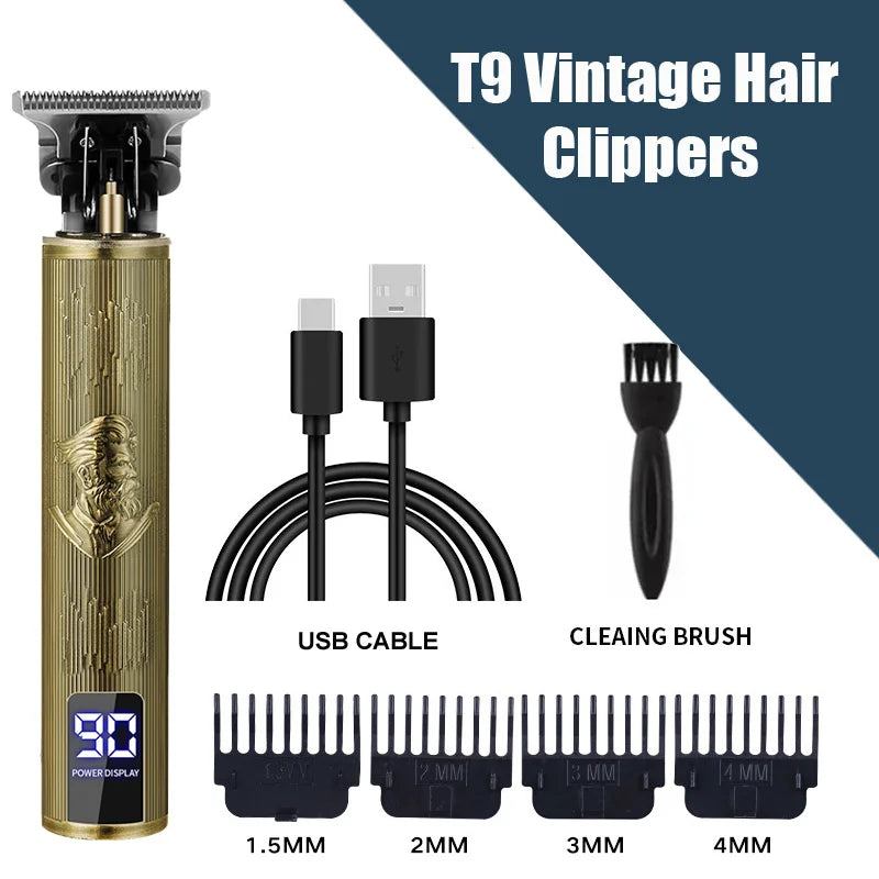 T9 Vintage Hair Clippers with USB cable and cleaning brush featuring various sized cutting combs.