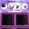 A purple storage box containing a set of black artificial eyelashes categorized by lash type.
