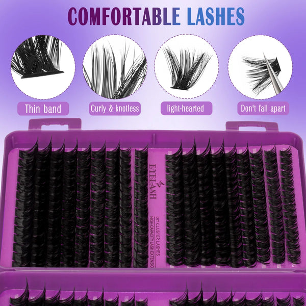 A purple storage box containing a set of black artificial eyelashes categorized by lash type.