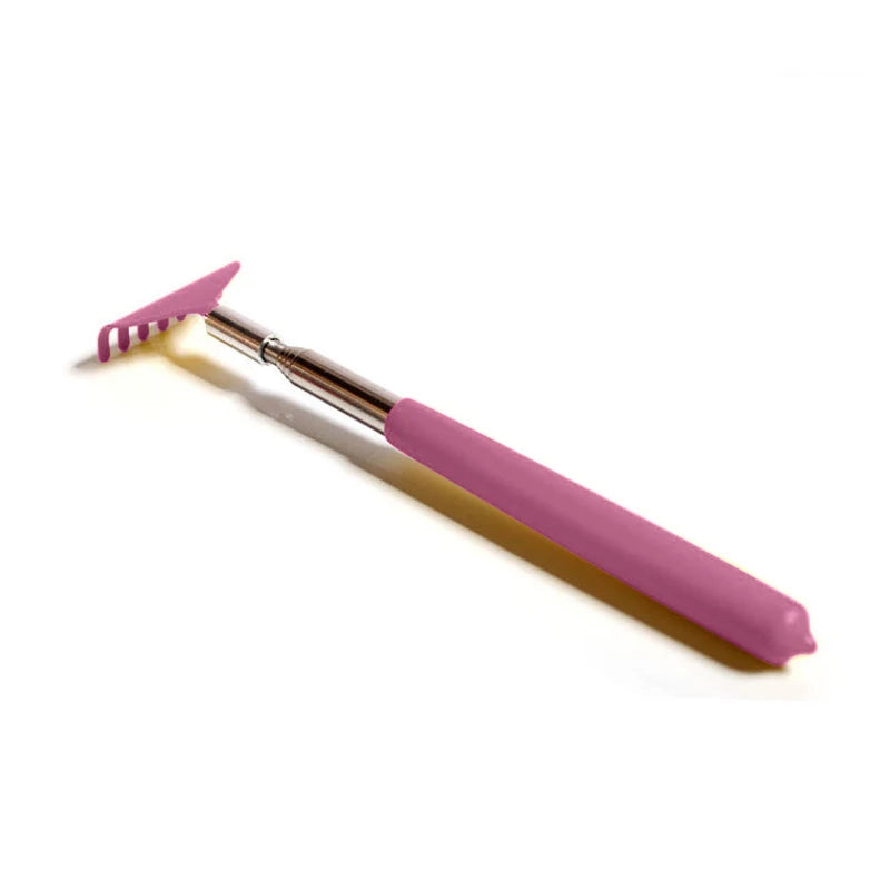 A pink stainless steel telescopic back scratcher with a retractable handle.