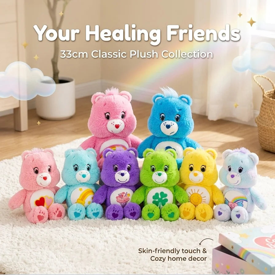 A collection of colorful 33cm Classic Plush Care Bears stuffed animals arranged on a white rug.
