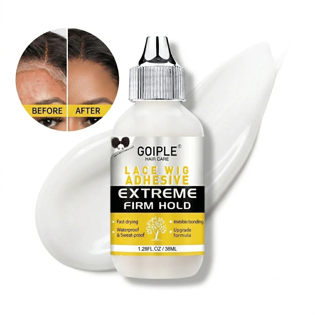 Bouteille de colle pour perruque GOIPLE avec spatule blanche et comparaison avant/après.
