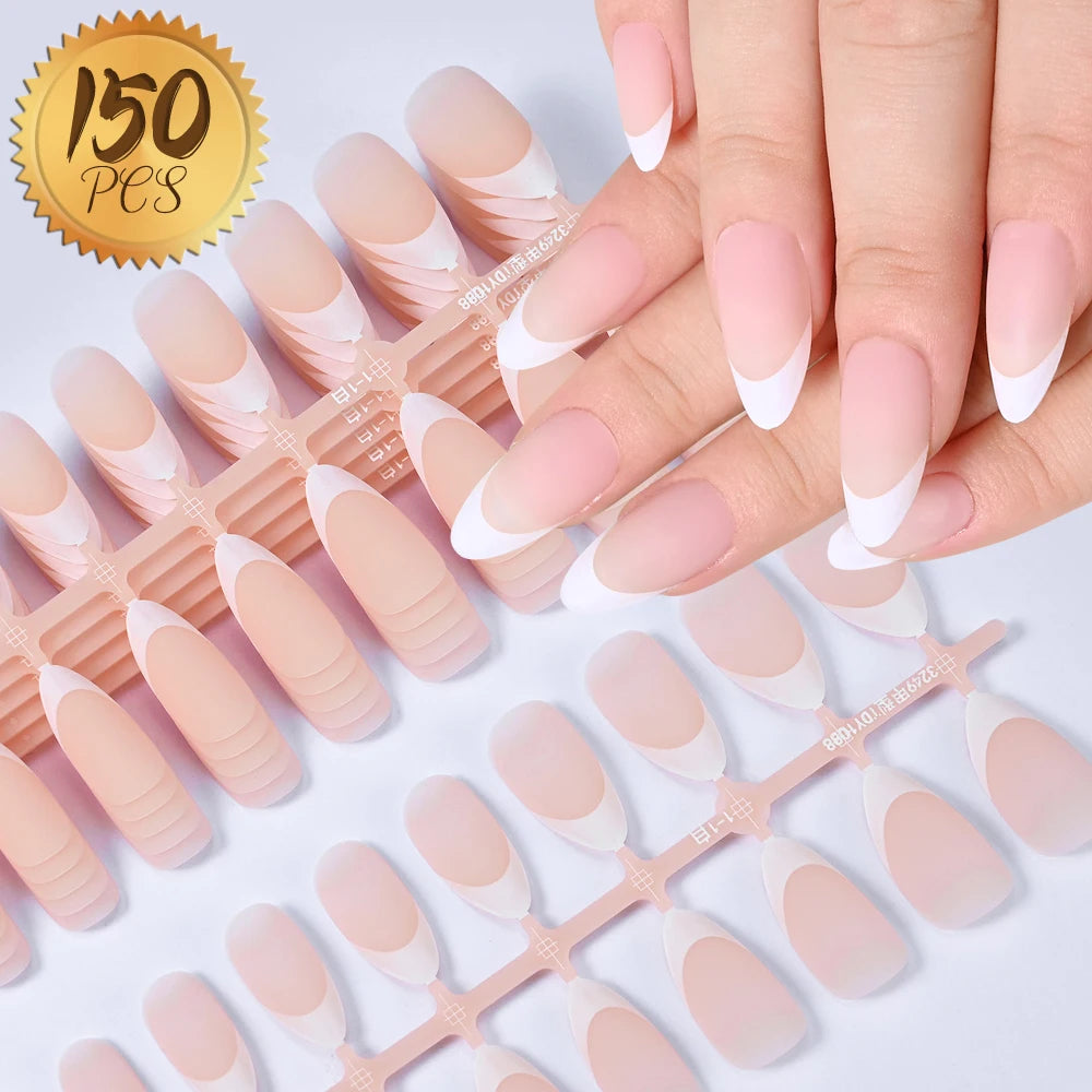 A hand displays a set of matte pink French press on artificial fingernails with white tips.