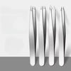 A set of professional stainless steel tweezers displayed vertically against a light gray background.