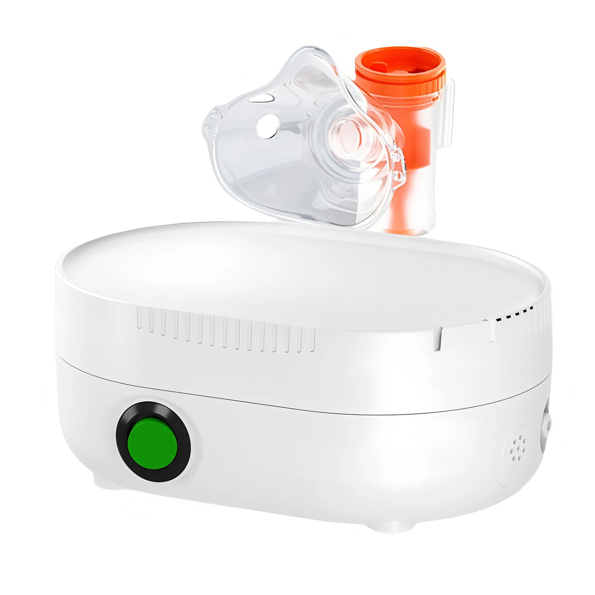 A white portable medical compression nebulizer device with an orange mouthpiece and clear plastic components.