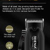 A black professional cordless hair trimmer with a self-grinding steel cutting head is shown.
