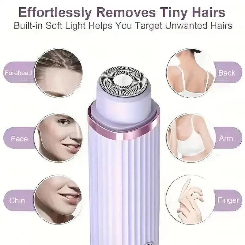 Close-up images showing a portable dual-head electric shaver removing tiny hairs from forehead, face, chin, and arm.