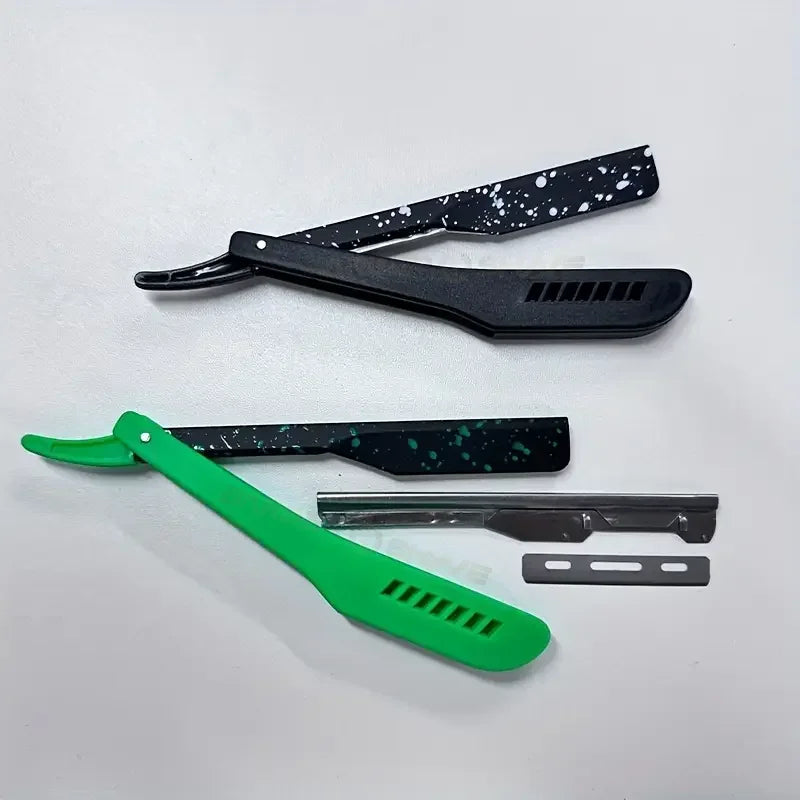A set of black and green folding shaving razors, including a safety razor and a straight razor.