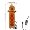 A brown teddy bear shaped electric heating pad with an orange top and a black remote control.