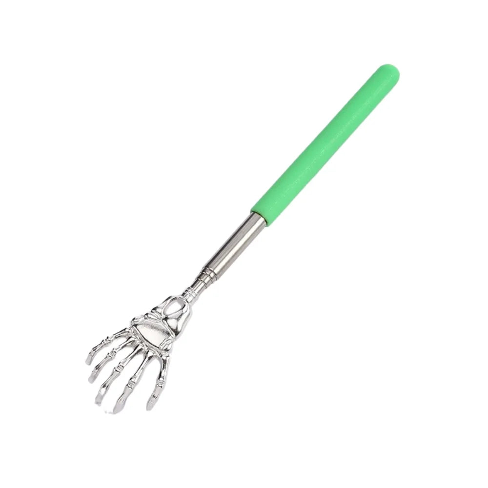 A telescoping stainless steel back massager with a bright green handle and a flexible metal hand.