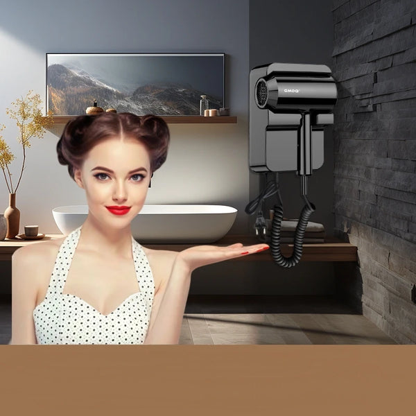 A woman is shown next to a professional wall-mounted hair dryer and a white sink in a modern bathroom setting.