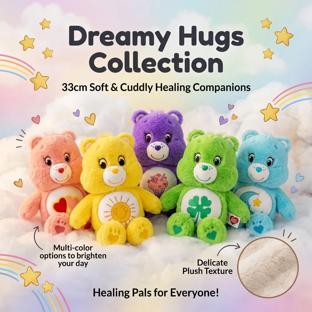 A collection of colorful 33cm plush healing companions including bears and other stuffed animals.
