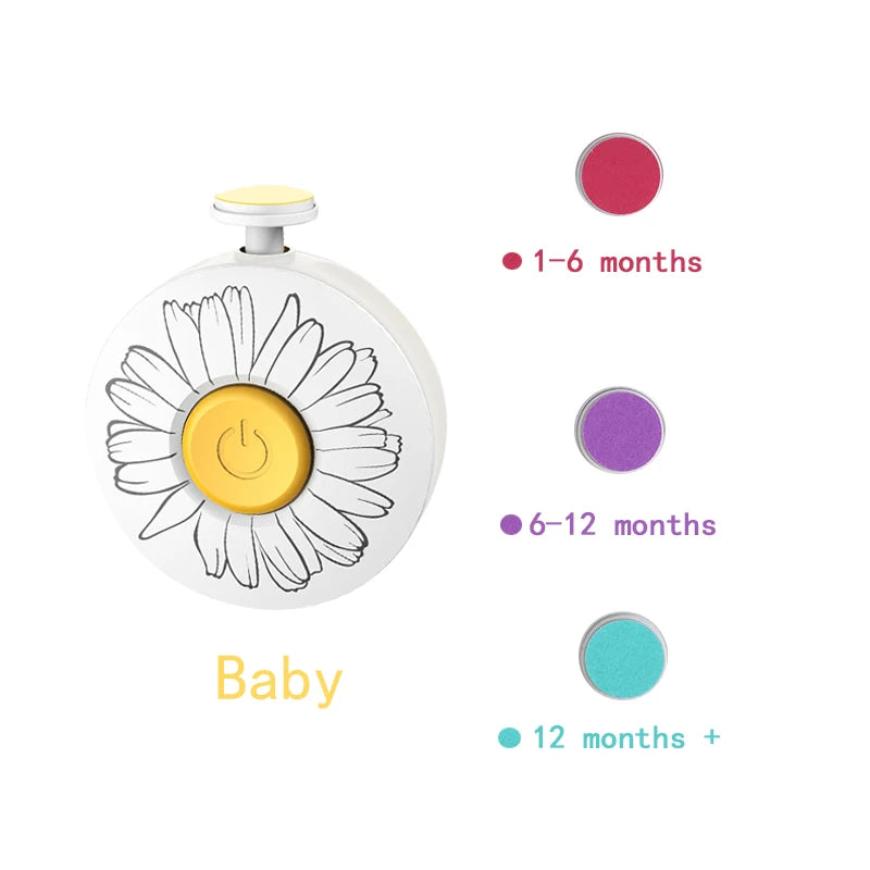 A white electric baby nail trimmer with a daisy design and colored indicators for different age groups.
