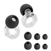 Un ensemble de bouchons d'oreille en silicone noir et transparent à réduction de bruit, présentés sous différentes formes.