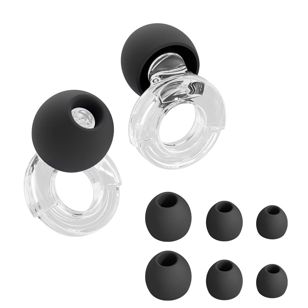 Un ensemble de bouchons d'oreille en silicone noir et transparent à réduction de bruit, présentés sous différentes formes.