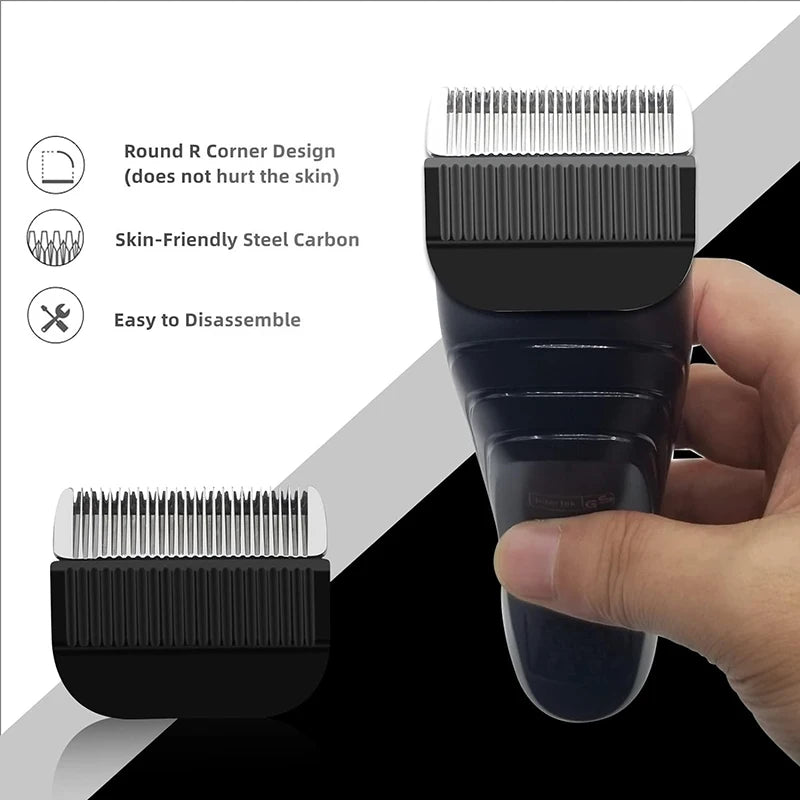 A hand holds a black hair clipper with a silver comb attachment, demonstrating its design features.