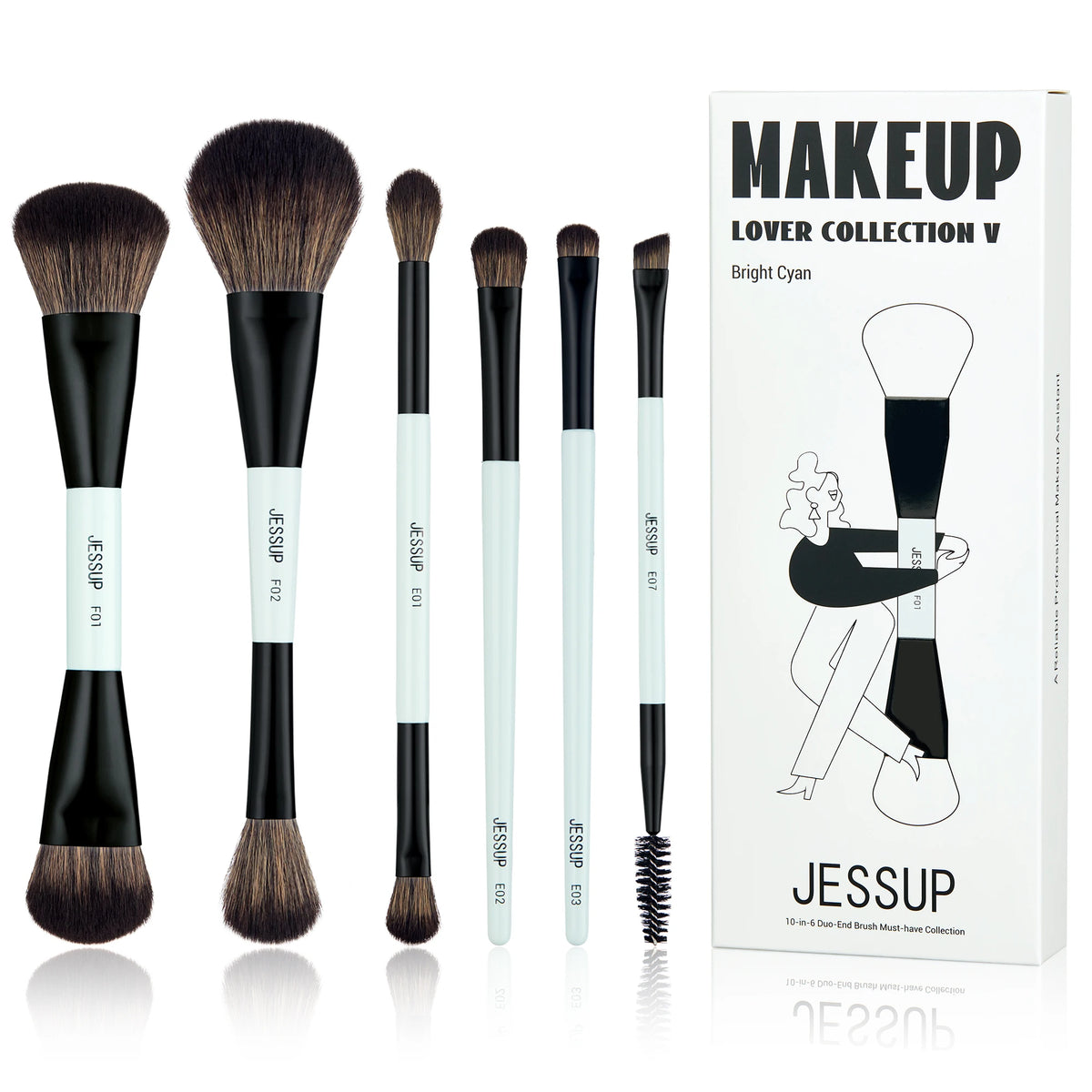 A set of six Jessup makeup brushes displayed next to the Makeup Lover Collection V box.