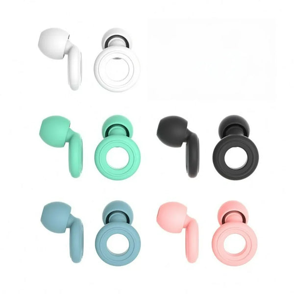 A collection of silicone ear plugs in various colors including white, green, black, and pink.