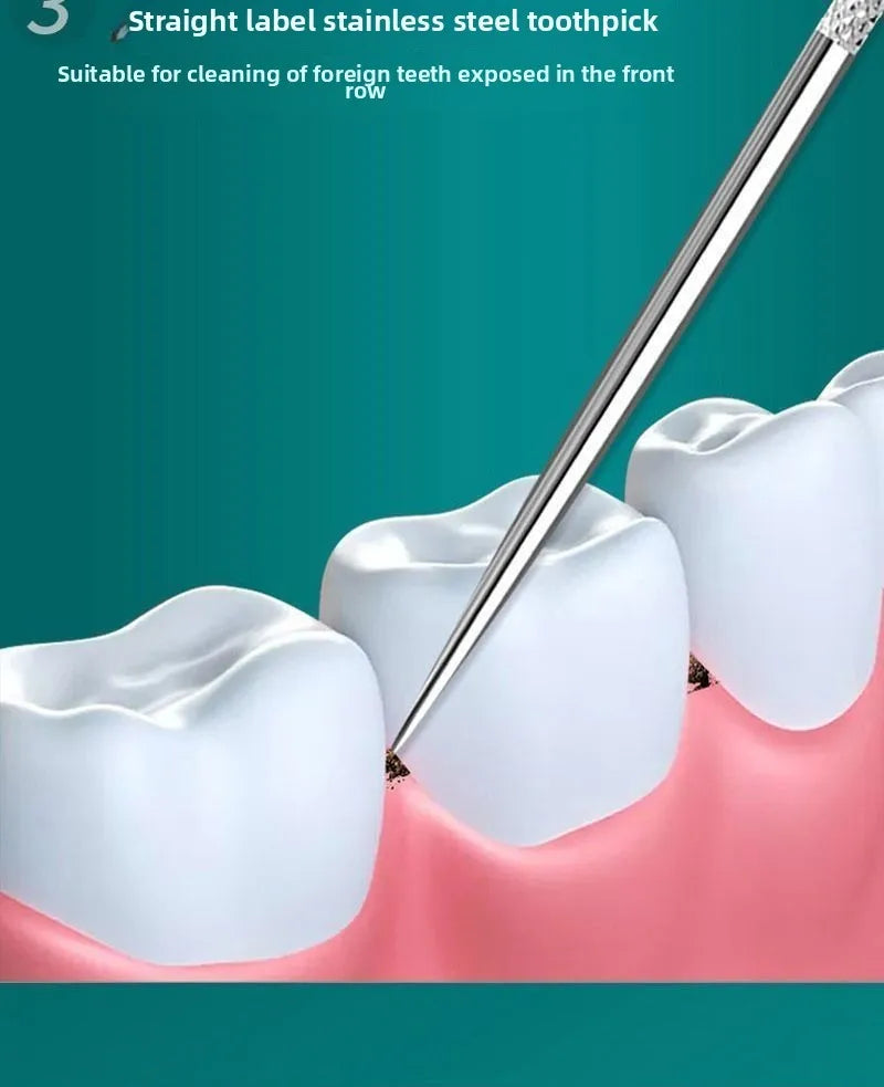 Un cure-dent en acier inoxydable nettoie une dent, montrant son usage pour le nettoyage dentaire.