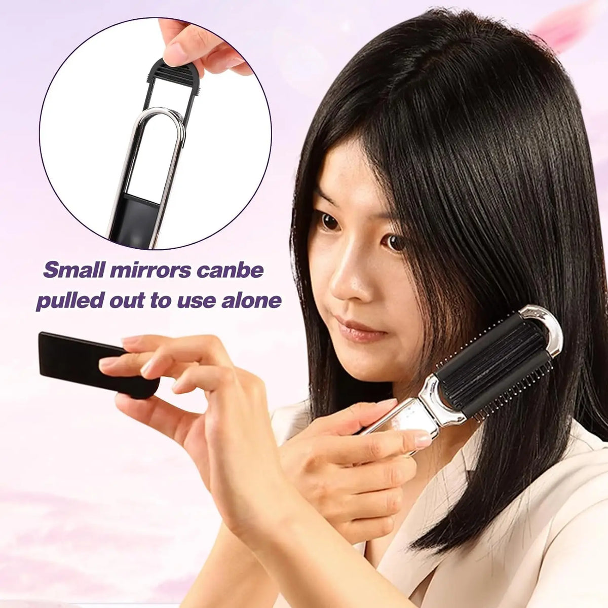 A woman is using a folding mini hair comb with a mirror to style her hair.