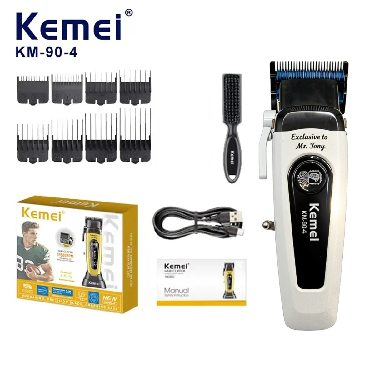 Kemei KM-90-4 electric hair clipper and various attachments for professional grooming