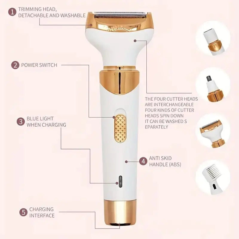 Weiß-goldendes 4-in-1 elektrisches Haarentfernungsgerät mit verschiedenen Aufsätzen und Funktionen.
