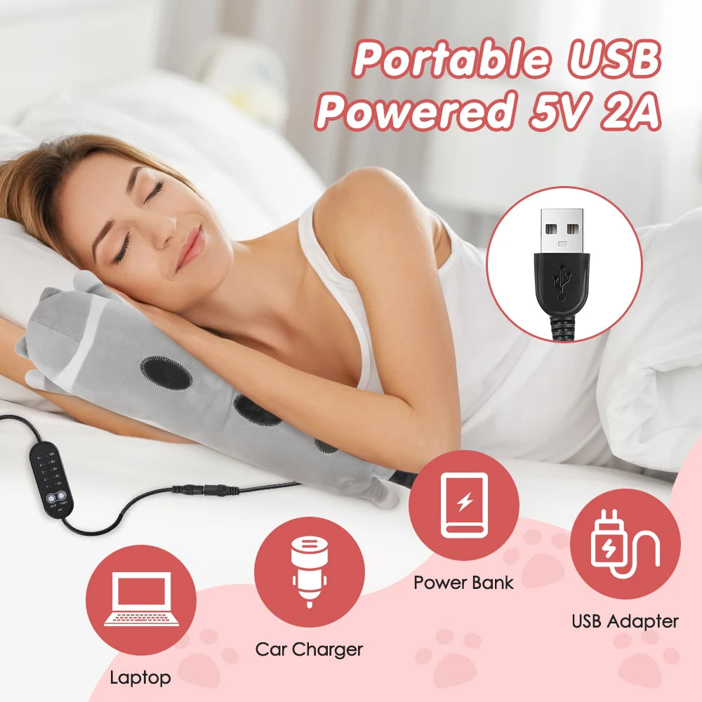 Portable USB powered 5V 2A power bank and USB adapter shown next to a woman using the heating pad.