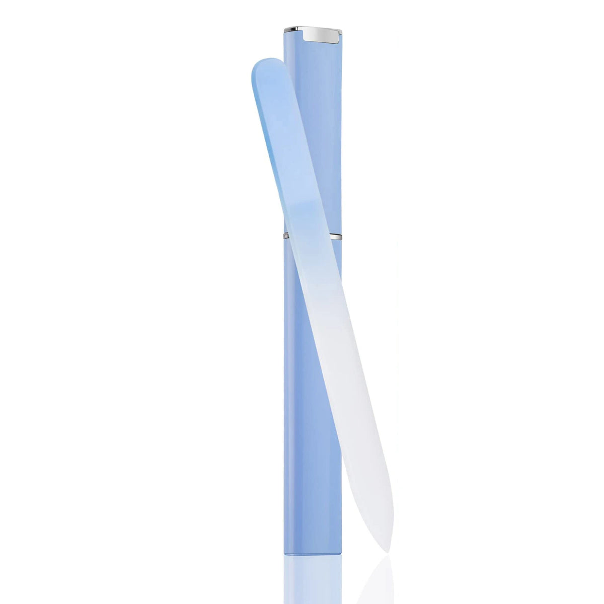 A set of double-sided etched glass nail files in light blue and clear.
