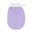 Purple exfoliating body scrubbing gloves with a white cuff for dead skin removal