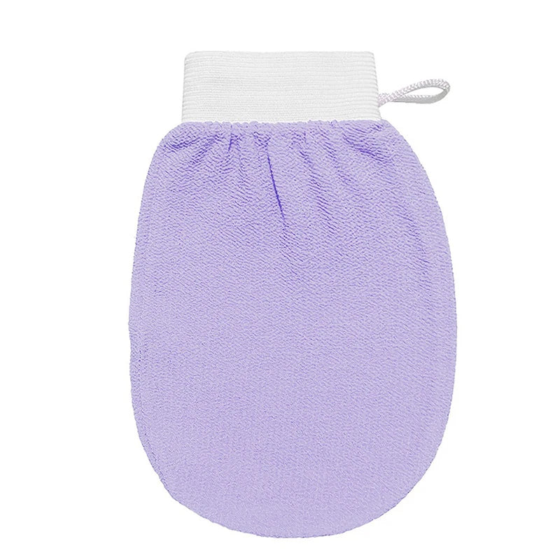 Purple exfoliating body scrubbing gloves with a white cuff for dead skin removal