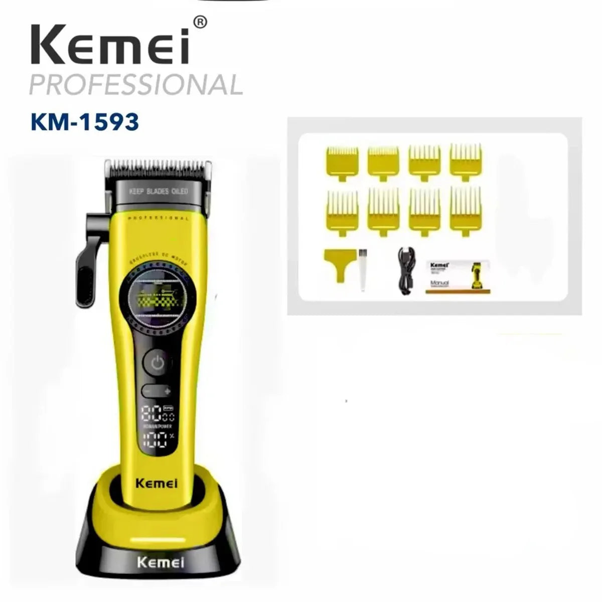 A yellow Kemei KM-1593 professional rechargeable hair clipper and trimmer set with multiple attachments.