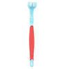A light blue and red 3-sided pet toothbrush for dogs and cats.