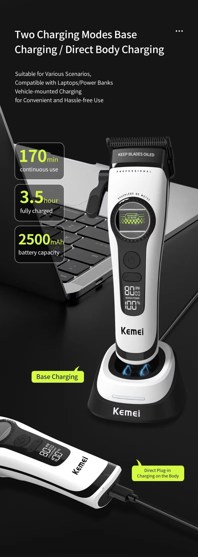 A white Kemei electric hair clipper is shown with a charging base and a direct plug-in option.