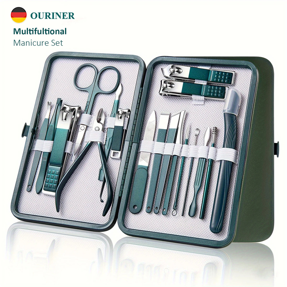 Set de manicura multifuncional en estuche verde con herramientas profesionales de acero inoxidable para cuidado de uñas.