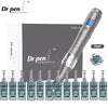 A silver Dr. pen microneedling device with multiple needle attachments shown next to the main unit.