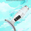 A silver facial and neck massager with a dolphin design is shown against a light blue, cloudy background.
