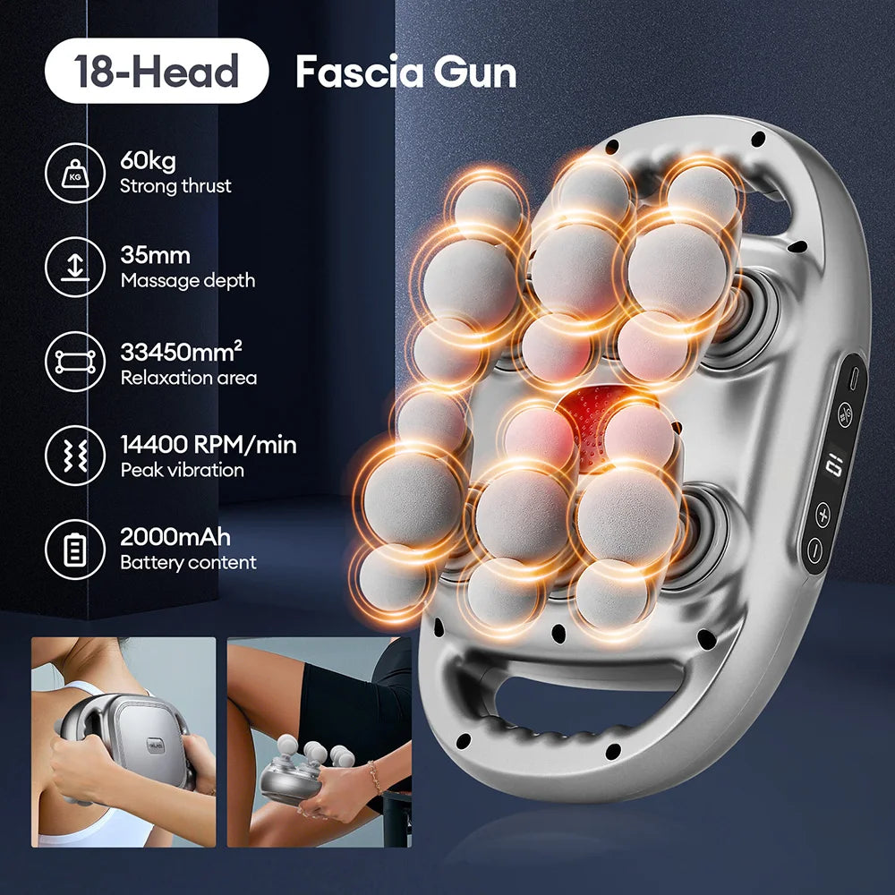 A silver fascia gun with 18 massage heads is shown against a dark background, demonstrating its use for deep tissue relief.