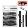 A kit of DIY lash extensions featuring various clusters and lash bonds for natural look eyelash extensions.