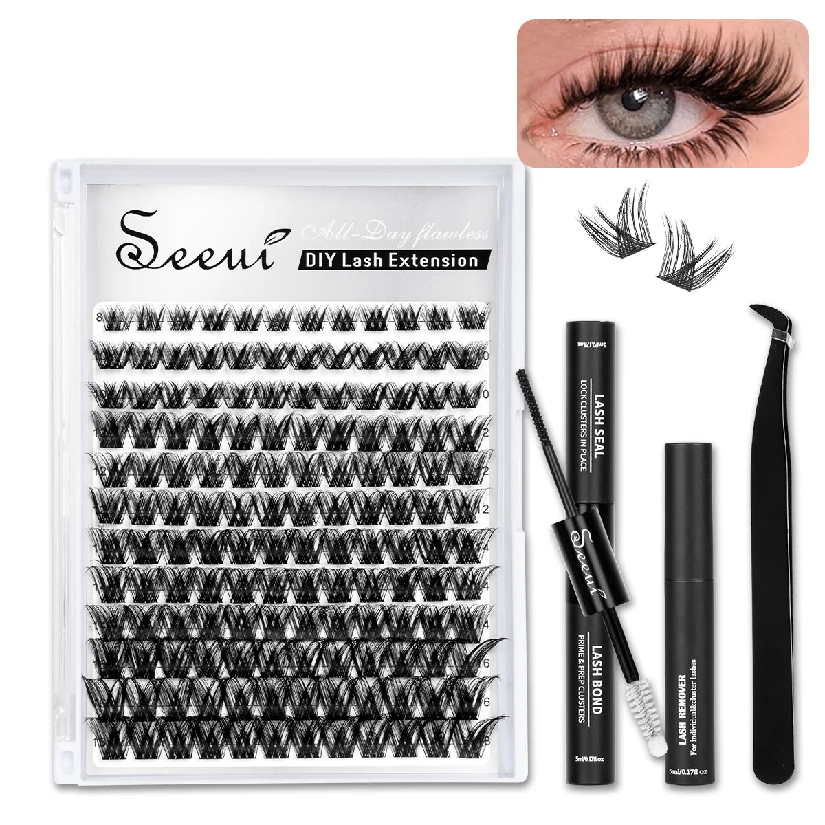 A kit of DIY lash extensions featuring various clusters and lash bonds for natural look eyelash extensions.