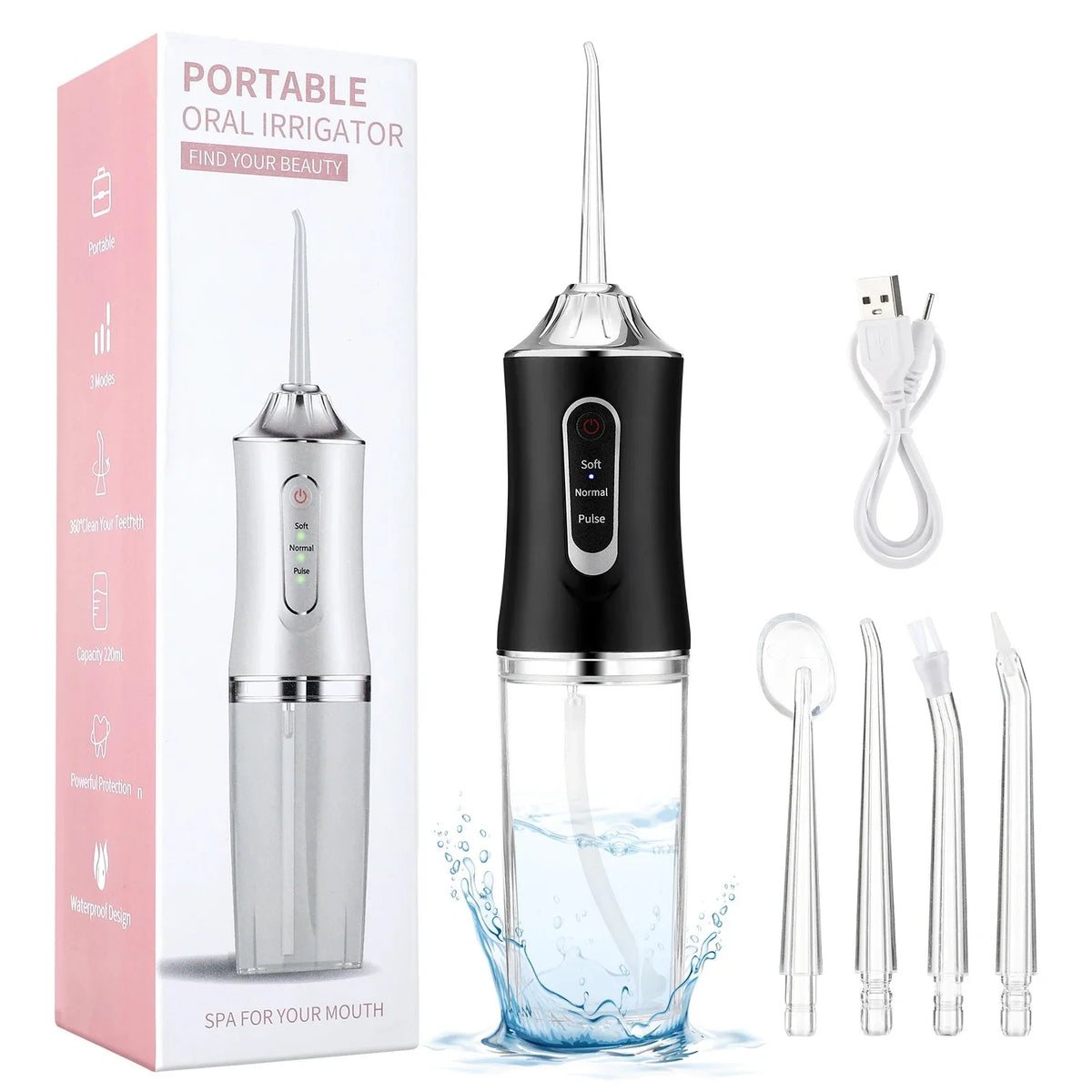 A portable oral irrigator device in black and silver is shown with various tips submerged in water.