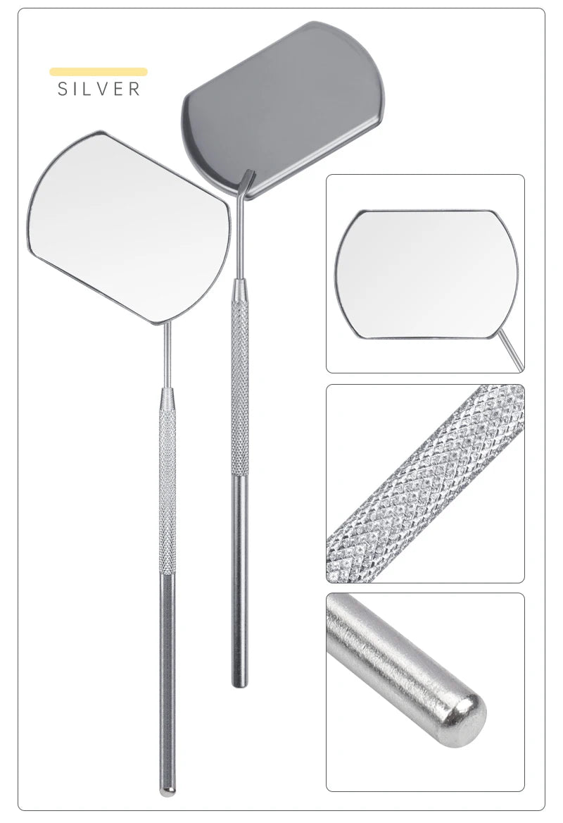 A silver professional stainless steel lash extension mirror set showing the oval mirror and various components.