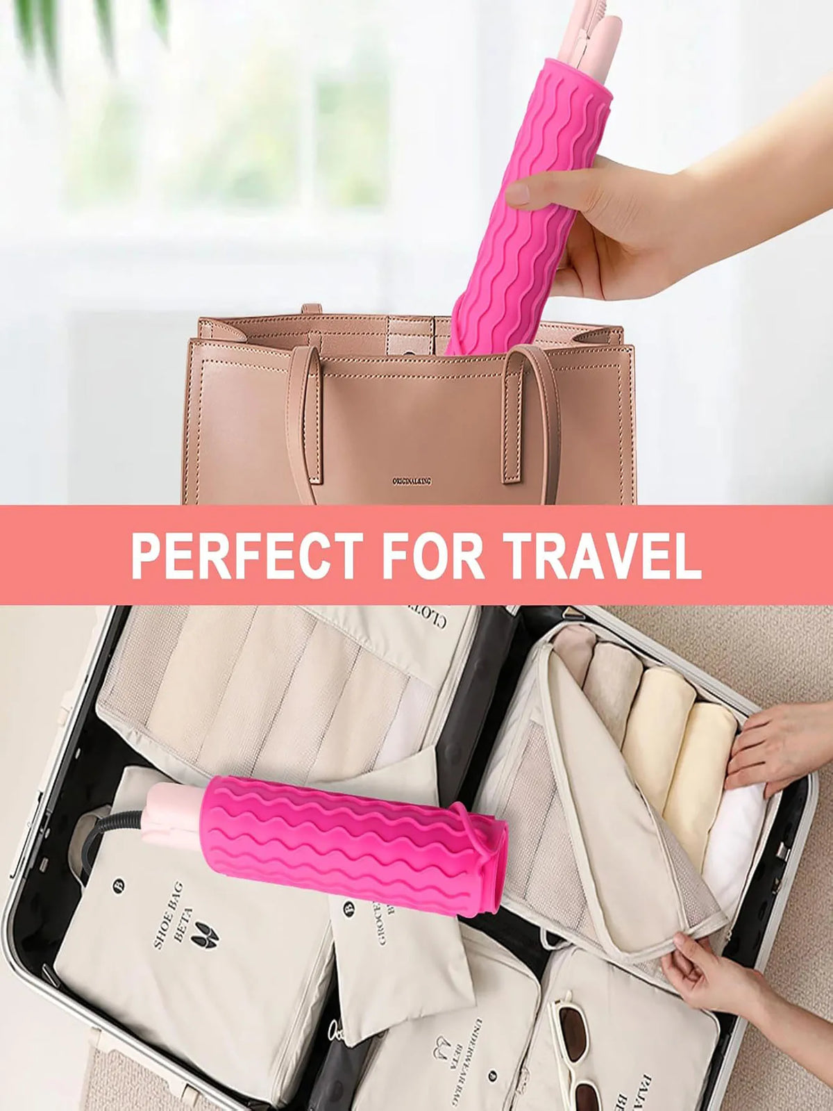 A pink silicone heat resistant mat is shown inside a travel case with various hair styling tools.