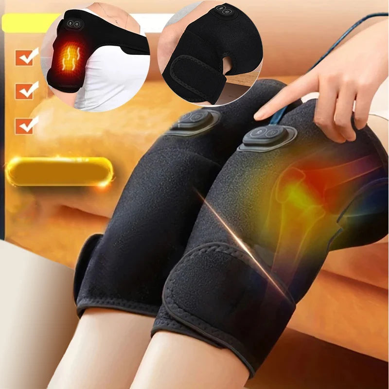Eine Person benutzt einen schwarzen, vibrierenden Wärmemassierer auf Knie und Schulter.