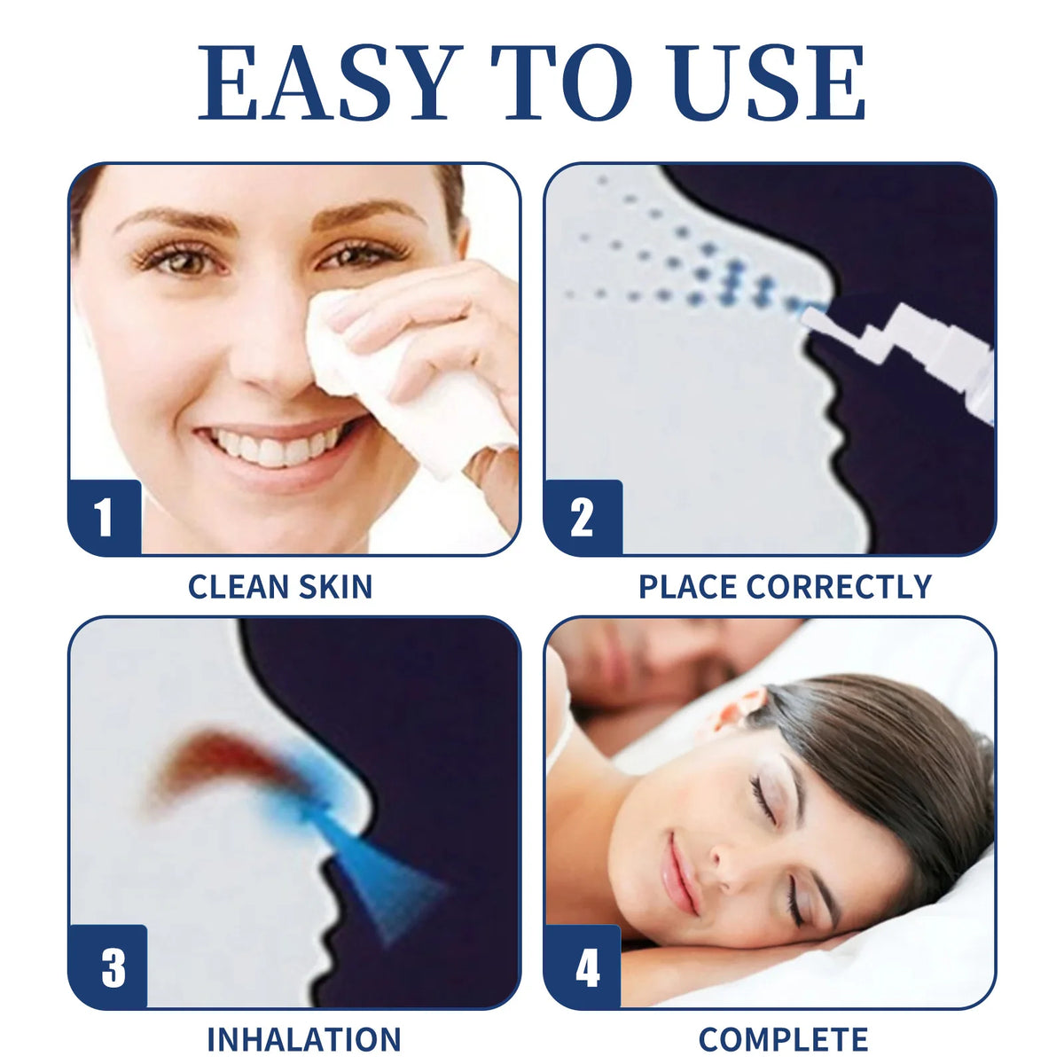 Quatre étapes pour utiliser un spray nettoyant doux pour la cavité nasale : nettoyer la peau, placer correctement, inhalation