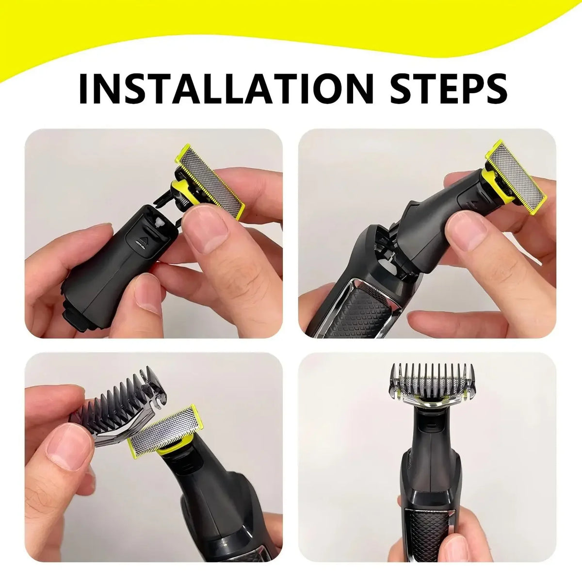 Installationsschritte zur Montage eines Ersatzklingen-Sets für Norelco-Trimmer.